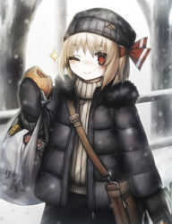 Rule 34 | 1girl, ;), alternate costume, bag, beanie, blonde hair, bun (food), food, hat, highres, holding, holding food, looking at viewer, mittens, one eye closed, rumia, shoulder bag, smile, snow, solo, spark621, sparkle, touhou, tree, winter, winter clothes