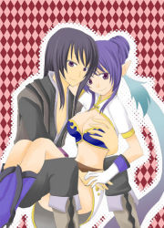 Rule 34 | 00s, 1boy, 1girl, argyle, argyle background, argyle clothes, black hair, blue hair, boots, breasts, cleavage, gloves, grabbing, grabbing another&#039;s breast, gradient hair, hair bun, happy, hetero, judith (tales), large breasts, long hair, long pointy ears, looking at viewer, midriff, multicolored hair, outline, pointy ears, purple eyes, purple hair, sidelocks, single hair bun, sitting, sitting on lap, sitting on person, smile, tales of (series), tales of vesperia, very long hair, white gloves, yuri lowell