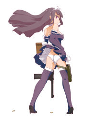 Rule 34 | 1girl, apron, arm garter, ass, back, bad id, bad pixiv id, bare shoulders, black eyes, black hair, blunt bangs, breasts, butt crack, choker, clothes lift, dress, dress lift, elbow gloves, frills, from behind, full body, gloves, grey hair, gun, high heels, highres, holding, holster, long hair, looking at viewer, looking back, maid, maid apron, maid headdress, medium breasts, multicolored eyes, original, panties, pantyshot, pleated skirt, purple eyes, purple thighhighs, red eyes, rifle, sharekoube, shell casing, shoes, short dress, sideboob, simple background, skirt, solo, submachine gun, thigh holster, thighhighs, underwear, upskirt, waist apron, weapon, white panties, wind, wind lift