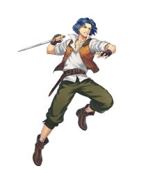 Rule 34 | 1boy, belt, black footwear, black gloves, blue eyes, blue hair, boots, brown belt, clenched teeth, dagger, fingerless gloves, fire emblem, fire emblem: thracia 776, fire emblem heroes, full body, gloves, grey pants, holding, holding dagger, holding knife, holding weapon, knife, looking to the side, male focus, nintendo, official art, otorihara, pants, perne (fire emblem), solo, teeth, third-party source, v-shaped eyebrows, weapon