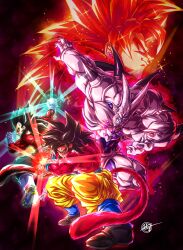 4boys absurdres black_hair black_pants blue_eyes blz_(blz151101) body_fur colored_skin dragon dragon_ball dragon_ball_gt final_shine_attack gogeta highres kamehameha_(dragon_ball) long_hair male_focus monkey_tail multiple_boys omega_shenron pants pink_fur pink_tail powering_up red_fur red_hair red_tail shoulder_spikes son_goku spiked_hair spikes tail vegeta white_skin yellow_eyes yellow_pants