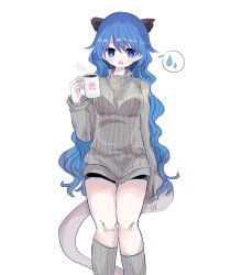 Rule 34 | 1girl, alternate costume, animal ears, bad id, bad twitter id, black shorts, blue eyes, blue hair, blush, breasts, chestnut mouth, coffee, cup, doremy sweet, drink, feet out of frame, floral print, grey socks, highres, holding, holding cup, hot drink, kneehighs, knees together feet apart, long hair, long sleeves, looking down, medium breasts, no headwear, short shorts, shorts, simple background, sleeves past wrists, socks, solo, spoken sweatdrop, sweatdrop, sweater, tail, tapir ears, tapir tail, touhou, turtleneck, turtleneck sweater, very long hair, wavy hair, white background, zabuton (mgdw5574)