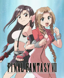 Rule 34 | 1990s (style), 2girls, :d, aerith gainsborough, anime coloring, bare legs, black bra, black hair, black skirt, blue background, blue eyes, bra, bracelet, braid, braided ponytail, breasts, brown eyes, cleavage, clenched hands, clip studio paint (medium), closed mouth, commentary, copyright name, cowboy shot, cropped jacket, dress, fighting stance, final fantasy, final fantasy vii, final fantasy vii remake, fingerless gloves, gloves, highres, jacket, jewelry, light brown hair, long hair, looking at viewer, low-tied long hair, medium breasts, midriff, miniskirt, multiple girls, open clothes, open jacket, open mouth, parted bangs, pink dress, red gloves, red jacket, retro artstyle, side-by-side, side braids, simple background, skirt, smile, sports bra, suspender skirt, suspenders, tank top, thighs, tifa lockhart, tsubobot, twin braids, underwear, white tank top