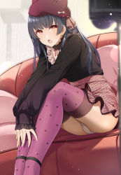 Rule 34 | 1girl, ass, black hair, blush, brown eyes, commentary request, couch, cushion, earrings, hat, highres, idolmaster, idolmaster shiny colors, jewelry, long hair, looking at viewer, mayuzumi fuyuko, mk (mod0), panties, pantyshot, pink thighhighs, sitting, skirt, solo, thighhighs, underwear, white panties