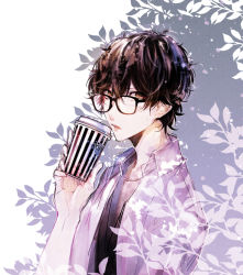 Rule 34 | 1boy, amamiya ren, bad id, bad pixiv id, black-framed eyewear, black hair, cup, disposable cup, glasses, grey eyes, hair between eyes, holding, holding cup, male focus, open mouth, persona, persona 5, shirt, simple background, solo, sweat, two-tone background, upper body, white shirt, yuu (isis7796)