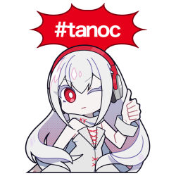 Rule 34 | 1girl, albino, artist request, colored skin, commentary request, copyright name, doro c, english text, hair between eyes, hardcore tano c, headphones, long hair, mascot, official art, one eye closed, red eyes, second-party source, simple background, thumbs up, very long hair, white background, white hair, white skin