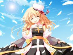 Rule 34 | 1girl, arch bishop (ragnarok online), black dress, blonde hair, blue sky, blush, bow, breasts, cleavage cutout, closed eyes, clothing cutout, cloud, commentary request, cowboy shot, cross, dress, feathers, furukawa lemon, hat, hat bow, juliet sleeves, lens flare, long hair, long sleeves, medium breasts, open mouth, pointy ears, puffy sleeves, ragnarok online, red bow, sailor hat, sash, skirt hold, sky, smile, solo, sun, two-tone dress, white dress, white hat, yellow sash