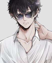Rule 34 | 1boy, brown hair, closed mouth, collarbone, collared shirt, frown, hair between eyes, hand up, highres, long hair, looking to the side, male focus, matsuda jinpei, meitantei conan, shirt, simple background, solo, sunglasses, syarara23, upper body, white background, white shirt