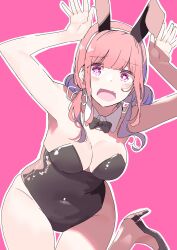 Rule 34 | 1girl, absurdres, animal ears, arms up, bare legs, black bow, black bowtie, black leotard, blush, bow, bowtie, breasts, cleavage, commentary request, detached collar, fang, fangs, hair ribbon, high heels, highres, leotard, long hair, looking at viewer, medium breasts, nyoijizai, open mouth, original, pink background, pink hair, playboy bunny, purple eyes, rabbit ears, ribbon, sidelocks, simple background, solo, standing, standing on one leg