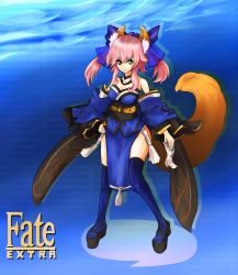 Rule 34 | 10s, 1girl, animal ears, bare shoulders, blue thighhighs, bow, breasts, cleavage, clog sandals, detached sleeves, fate/extra, fate (series), fox ears, fox tail, hair bow, hair ribbon, japanese clothes, obi, ofuda, pink hair, ribbon, sash, smile, solo, tail, tamamo no mae (fate/extra), thighhighs, togezou, twintails, yellow eyes