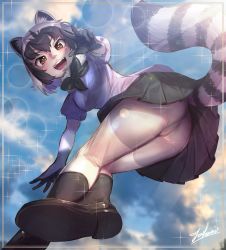 Rule 34 | absurdres, animal ears, artist name, black bow, black bowtie, black footwear, black hair, black skirt, blush, bow, bowtie, brown eyes, cloud, commentary request, common raccoon (kemono friends), from below, fur collar, gloves, grey hair, grey pantyhose, highres, jumping, kemono friends, multicolored hair, open mouth, pantyhose, pleated skirt, raccoon ears, raccoon tail, shoes, short hair, short sleeves, skirt, sky, solo, tail, takami masahiro, two-tone hair, two-tone legwear, white pantyhose