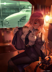 Rule 34 | 1girl, belt, belt buckle, between breasts, black belt, black pantyhose, blush, breasts, brown eyes, brown hair, buckle, commentary request, gloves, indoors, jacket, koumi haruka, large breasts, locomotive, long hair, looking at viewer, necktie, necktie between breasts, off shoulder, one eye closed, open clothes, open jacket, pantyhose, parted lips, pencil skirt, rail wars!, revision, shinkansen, shirt tucked in, sitting, skirt, solo, sweat, train, train interior, undressing, uniform, vania600, white gloves