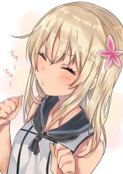 Rule 34 | 10s, 1girl, absurdres, blonde hair, blush, close-up, closed eyes, crop top, flower, hair flower, hair ornament, highres, hoshimiya nazuna, incoming kiss, kantai collection, long hair, o3o, puckered lips, ro-500 (kancolle), sailor collar, simple background, solo, tan, translation request, upper body