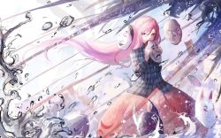Rule 34 | 1girl, bubble skirt, covering own mouth, floating, floating object, fox mask, hair between eyes, hata no kokoro, highres, holding, holding mask, long hair, long sleeves, looking at viewer, mask, mouth mask, noh mask, oni mask, pink eyes, pink hair, plaid, plaid shirt, shirt, sishenfan, skirt, solo, touhou