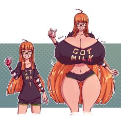 Rule 34 | 1girl, age progression, breast expansion, breasts, cleavage, covered erect nipples, curvy, female focus, gigantic breasts, glasses, gluteal fold, height difference, long hair, n647, narrow waist, orange hair, persona, persona 5, sakura futaba, solo, tall female, thick thighs, thighs, wide hips, yellow eyes