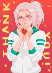 Rule 34 | 1girl, chloe (sciamano240), closed mouth, commentary, english commentary, english text, freckles, glasses, heart, heart hands, highres, hood, hood down, hoodie, long sleeves, looking at viewer, original, parted bangs, pink eyes, pink hair, pink lips, ponytail, red background, round eyewear, sciamano240, smile, solo, thank you, white hoodie