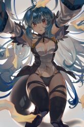Rule 34 | 1girl, armpits, belt, black panties, black thighhighs, blue hair, breasts, cleavage, cleavage cutout, clothing cutout, detached sleeves, dizzy (guilty gear), guilty gear, guilty gear xrd, hair between eyes, hair down, highres, large breasts, long hair, looking at viewer, mature female, midriff, monster girl, navel, oeillet vie, open mouth, panties, red eyes, sidelocks, skindentation, solo, tail, thick thighs, thigh gap, thigh strap, thighhighs, thighs, underwear, wide sleeves
