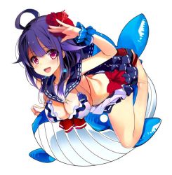 Rule 34 | 10s, 1girl, ahoge, alternate costume, animal, arm up, bare legs, bikini, breasts, cleavage, commentary request, flower, hair flower, hair ornament, hibiscus, kantai collection, large breasts, long hair, looking at viewer, open mouth, purple hair, red eyes, shirokitsune, simple background, swimsuit, taigei (kancolle), thighs, whale, white background