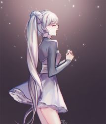 Rule 34 | 1girl, bad id, bad twitter id, blue dress, blush, breasts, clenched hands, dress, earrings, ecru, eyebrows, eyelashes, closed eyes, holding hands, jewelry, long hair, long sleeves, music, open mouth, own hands together, ponytail, rwby, singing, small breasts, solo, twitter username, very long hair, weiss schnee, white hair