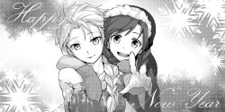 Rule 34 | 2girls, anna (frozen), arm around neck, braid, breasts, coat, disney, dress, elsa (frozen), foreshortening, frozen (disney), greyscale, happy new year, highres, hood, large breasts, mittens, monochrome, multiple girls, new year, open mouth, p.s, pin.s, reaching, reaching towards viewer, single braid, smile, snowflakes, strapless, strapless dress, twin braids