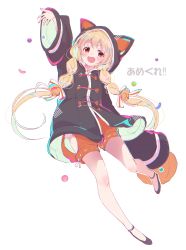 Rule 34 | 1girl, :d, absurdres, animal ears, animal hood, aozora saishiki, arm up, black footwear, black jacket, blonde hair, blush, braid, brown eyes, brown shorts, cat hood, commentary request, fake animal ears, full body, futaba anzu, highres, hood, hood up, hooded jacket, idolmaster, idolmaster cinderella girls, jacket, long hair, long sleeves, looking at viewer, low twintails, open mouth, puffy shorts, ribbon-trimmed shorts, ribbon trim, shoes, short shorts, shorts, simple background, sleeves past wrists, smile, solo, translation request, twin braids, twintails, v-shaped eyebrows, very long hair, white background, wide sleeves