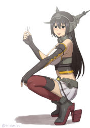 Rule 34 | 10s, 1girl, :d, black gloves, blush, commentary request, elbow gloves, fingerless gloves, gloves, headgear, high heels, holding, kantai collection, long hair, looking at viewer, miniskirt, misumi (niku-kyu), nagato (kancolle), open mouth, pleated skirt, red thighhighs, simple background, skirt, smile, solo, squatting, sweat, thighhighs, white background, zettai ryouiki