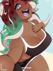 Rule 34 | 1girl, ;d, absurdres, bare arms, bare shoulders, bike shorts, breasts, brown hair, cephalopod eyes, cleavage, commentary, dark-skinned female, dark skin, english commentary, fang, foreshortening, freckles, green eyes, green hair, hand on own chest, hands up, highres, kinjero, large breasts, leaning forward, lips, long hair, looking at viewer, marina (splatoon), multicolored hair, nintendo, octoling, one eye closed, open mouth, pink pupils, selfie, smile, solo, splatoon (series), splatoon 2, sports bra, sportswear, stomach, suction cups, tentacle hair, two-tone hair, user interface