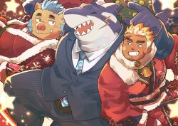 Rule 34 | arm on another&#039;s shoulder, bara, bell, belt, blue necktie, boar boy, christmas, christmas tree, closed eyes, formal, furry, furry male, ganglie (housamo), highres, looking at another, looking down, multiple scars, necktie, pants, pinstripe pants, pinstripe pattern, pinstripe suit, santa costume, sawch cls, scar, scar on face, shark boy, shark fin, shirt, smile, star (symbol), striped, suit, tokyo houkago summoners, tusks, typhon (housamo), ulaanbaatar (housamo), white shirt