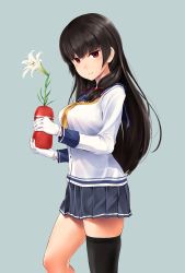 Rule 34 | 1girl, asymmetrical legwear, black hair, blush, breasts, closed mouth, flower, gloves, gradient background, hair ribbon, highres, isokaze (kancolle), kantai collection, large breasts, long hair, long sleeves, neckerchief, pleated skirt, red eyes, ribbon, school uniform, serafuku, single thighhigh, skirt, smile, solo, tenga, thighhighs, tress ribbon, uneven legwear, wa (genryusui), white flower, white gloves, yellow neckerchief