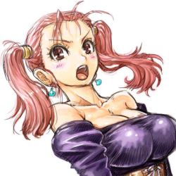 Rule 34 | 1girl, amania orz, bare shoulders, blush, breasts, cleavage, dragon quest, dragon quest viii, earrings, female focus, jessica albert, jewelry, large breasts, long hair, looking at viewer, open mouth, solo, square enix, twintails, upper body, white background