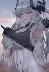 Rule 34 | 1girl, absurdres, areola slip, arknights, arm up, armpits, backlighting, bandaged arm, bandaged chest, bandages, bare arms, bare hips, bare shoulders, black choker, black gloves, black horns, black shirt, blue sky, blush, breasts, breath, choker, cleavage, clothes lift, cloud, collarbone, commentary request, crop top, cropped shirt, dawn, demon girl, demon horns, ear piercing, exhausted, eyelashes, from side, gloves, gradient sky, groin tendon, hair between eyes, hair flowing over, hair intakes, hair ornament, hair over one eye, hairclip, hand in own hair, hand up, highres, horizon, horns, infection monitor (arknights), large breasts, lifted by self, linea alba, long hair, looking at viewer, looking to the side, material growth, mountain, mountainous horizon, mudrock (arknights), mudrock (elite ii) (arknights), multicolored sky, navel, nompang, official alternate costume, open mouth, oripathy lesion (arknights), outdoors, pale skin, piercing, pointy ears, red eyes, shade, shadow, shirt, shirt lift, sidelocks, sky, sleeveless, sleeveless shirt, solo, standing, steaming body, stomach, straight hair, sweat, teeth, toned, tongue, underboob, upper body, upper teeth only, very long hair, very sweaty, white hair, yellow sky