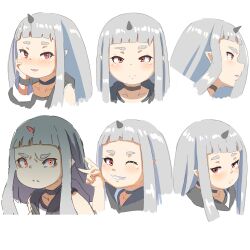 Rule 34 | 1girl, bare shoulders, black choker, black jacket, blush, choker, closed mouth, collarbone, cropped torso, expressions, glowing, glowing eyes, grey hair, grin, highres, horns, jacket, kuro kosyou, long hair, long sleeves, nose blush, one eye closed, oni, original, parted lips, pointy ears, profile, puffy long sleeves, puffy sleeves, red eyes, shaded face, shirt, simple background, single horn, smile, thick eyebrows, upper body, white background, white shirt