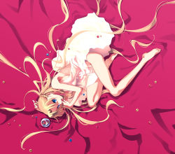 Rule 34 | barefoot, bed, blonde hair, blue eyes, candy, food, from above, ishida akira, jar, long hair, looking up, lying, solo