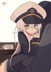 Rule 34 | 1girl, azur lane, beige background, black jacket, black thighhighs, blush, commentary request, desk, enterprise (azur lane), fingernails, grey hair, hair between eyes, hand up, hat, highres, jacket, long hair, long sleeves, looking at viewer, military hat, muuran, nail polish, parted lips, peaked cap, pink nails, purple eyes, signature, sleeves past wrists, solo, thighhighs, translation request, very long hair, white hat