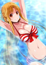 Rule 34 | 1girl, absurdres, armpits, arms behind head, asuna (sao), bikini, breasts, brown eyes, brown hair, closed mouth, collarbone, highres, island (kossori), large breasts, long hair, looking at viewer, navel, partially submerged, red bikini, smile, solo, striped bikini, striped clothes, swimsuit, sword art online, very long hair, water
