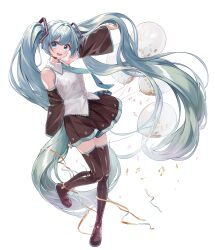 Rule 34 | 1girl, absurdres, black footwear, black skirt, blue eyes, blue hair, blue necktie, boots, collared shirt, commentary, detached sleeves, full body, hatsune miku, highres, long hair, looking at viewer, miniskirt, necktie, open mouth, pinkusan, pleated skirt, shirt, skirt, sleeveless, sleeveless shirt, smile, solo, thigh boots, thighhighs, twintails, very long hair, vocaloid, white background, white shirt, zettai ryouiki