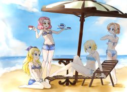 Rule 34 | 10s, 4girls, arm support, assam (girls und panzer), beach, beach chair, beach umbrella, bikini, black bow, black ribbon, blonde hair, blue bikini, blue eyes, blue shorts, bow, braid, breasts, brown eyes, closed mouth, cloud, cloudy sky, commentary request, cup, darjeeling (girls und panzer), day, denim, denim shorts, from behind, girls und panzer, hair bow, hair pulled back, hair ribbon, highres, holding, leaning back, long hair, looking at another, looking at viewer, lying, medium breasts, multiple girls, navel, ocean, on back, open mouth, orange hair, orange pekoe (girls und panzer), outdoors, parted bangs, red hair, ribbon, rosehip (girls und panzer), sand, saucer, shade, short hair, short shorts, shorts, side-tie bikini bottom, sitting, sky, smile, standing, striped bikini, striped clothes, swimsuit, teacup, thighs, toon (noin), tray, twin braids, umbrella, unzipped, wariza