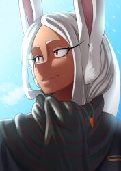 Rule 34 | 1girl, animal ears, boku no hero academia, breath, carrot necklace, castell, dark-skinned female, dark skin, highres, jacket, jewelry, long eyelashes, long hair, looking to the side, mirko, necklace, outdoors, parted bangs, plaid, plaid scarf, portrait, rabbit ears, rabbit girl, red eyes, scarf, sky, smile, solo, sunlight, upper body, white hair