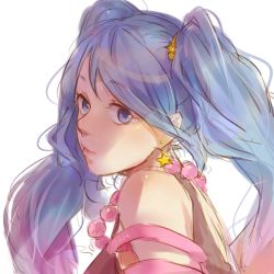 Rule 34 | 1girl, arcade sona, bare shoulders, bead necklace, beads, blue eyes, blue hair, earrings, from side, hair ornament, highres, jewelry, league of legends, long hair, looking at viewer, necklace, portrait, ruan chen yue, sketch, smile, solo, sona (league of legends), star (symbol), star earrings, star hair ornament, twintails
