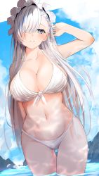 Rule 34 | 1girl, absurdres, arm behind back, azur lane, belfast (azur lane), bikini, blue eyes, blue sky, blush, breasts, cleavage, closed mouth, cloud, collarbone, front-tie bikini top, front-tie top, hair over eyes, hair over one eye, hand in own hair, hand on back, hand up, highres, large breasts, long hair, looking at viewer, maid headdress, navel, outdoors, raru (nanaharararu), silver hair, sky, smile, solo, standing, swimsuit, thigh gap, very long hair, white bikini