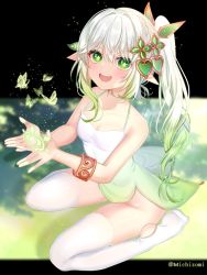 Rule 34 | 1girl, :d, artist name, bare shoulders, blush, breasts, bug, butterfly, cleavage, collarbone, dress, elf, feet, genshin impact, gradient hair, green eyes, green hair, hair ornament, highres, insect, nahida (genshin impact), looking at viewer, michizomi, multicolored hair, nahida (genshin impact), open mouth, pointy ears, seiza, side ponytail, sitting, sleeveless, sleeveless dress, small breasts, smile, thighhighs, two-tone hair, vision (genshin impact), white dress, white hair, white thighhighs