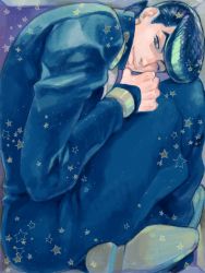 Rule 34 | 1boy, blue eyes, blue hair, blue theme, box, gakuran, higashikata josuke, jojo no kimyou na bouken, male focus, matching hair/eyes, pompadour, school uniform, solo, star (symbol), suzuki tsuta