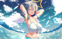 Rule 34 | 1girl, alternate breast size, amane kanata, angel wings, armband, armpits, arms behind back, bikini, blue hair, breasts, closed eyes, cloud, collarbone, colored inner hair, dongchuan, feathered wings, grey hair, groin, highres, hololive, midriff, multicolored hair, navel, open mouth, oversized clothes, presenting armpit, short hair, sky, small breasts, smile, smug, solo, swimsuit, virtual youtuber, water, wings