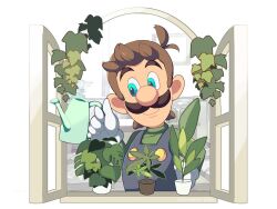 Rule 34 | 1boy, antenna hair, blue eyes, blue pants, brown hair, buttons, closed mouth, counter, facial hair, gloves, green shirt, hand up, holding, holding watering can, hoshikuzu pan, indoors, long sleeves, looking away, looking down, luigi, male focus, mario (series), mustache, nintendo, no headwear, open window, overalls, pants, plant, potted plant, shirt, short hair, sideways glance, smile, solo, super mario bros. 1, watering can, white gloves, window