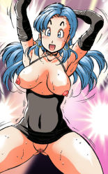 Rule 34 | 1girl, artist request, blue hair, blush, breasts, bulma, censored, collar, collared dress, dancing, dragon ball, dragonball z, dress, earrings, elbow gloves, eyelashes, eyeliner, gloves, jewelry, makeup, mosaic censoring, nipples, solo, spotlight, spotlights, sweat, sweatdrop, sweat, nervous sweating, tagme, tremor, undressing