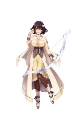 Rule 34 | 1girl, adjusting hair, bow (weapon), bracer, breasts, brown eyes, brown hair, brown pantyhose, cape, cleavage, dress, full body, hair ornament, hairclip, highres, hitsuji chronicle, holding, holding bow (weapon), holding weapon, large breasts, looking at viewer, official art, pantyhose, smile, solo, standing, transparent background, weapon, white cape, yellow dress