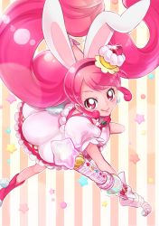 Rule 34 | 10s, 1girl, :q, absurdres, animal ears, beige background, rabbit ears, rabbit tail, cake hair ornament, cure whip, dress, earrings, extra ears, food-themed hair ornament, gloves, hair ornament, hairband, highres, holding, holding wand, kirakira precure a la mode, long hair, looking at viewer, magical girl, pink eyes, pink footwear, pink hair, pink hairband, pom pom (clothes), pom pom earrings, precure, sharumon, shoes, smile, solo, star (symbol), starry background, striped, striped background, tail, tongue, tongue out, twintails, usami ichika, wand, white dress, white gloves
