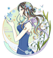 Rule 34 | 1girl, 96mame, blue dress, blue nails, brown hair, character name, dress, earrings, fingernails, flower, from side, gem, hair ornament, jewelry, long hair, multicolored hair, nail polish, aged up, original, pearl (gemstone), setsuko (kose), sleeveless, sleeveless dress, snowflake earrings, snowflake hair ornament, snowflakes, solo
