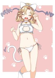 Rule 34 | 1girl, alternate costume, animal ears, bell, neck bell, blonde hair, blush, cat cutout, cat ears, cat lingerie, cat tail, choker, clothing cutout, closed eyes, fake animal ears, fake tail, flat chest, highres, janus (kancolle), jingle bell, kantai collection, meme attire, nassukun, open mouth, panties, paw pose, paw print, short hair, side-tie panties, simple background, socks, solo, tail, two-tone background, underwear, white footwear
