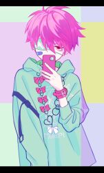 Rule 34 | 1boy, bandaid, bandaid on cheek, bandaid on face, bow, broken heart, cellphone, commentary request, decora, eyepatch, hair between eyes, heart, highres, holding, holding phone, hood, hood down, hoodie, jewelry, long sleeves, looking at viewer, male focus, necklace, original, phone, pillow (nutsfool), pink hair, red eyes, simple background, smartphone, solo, upper body